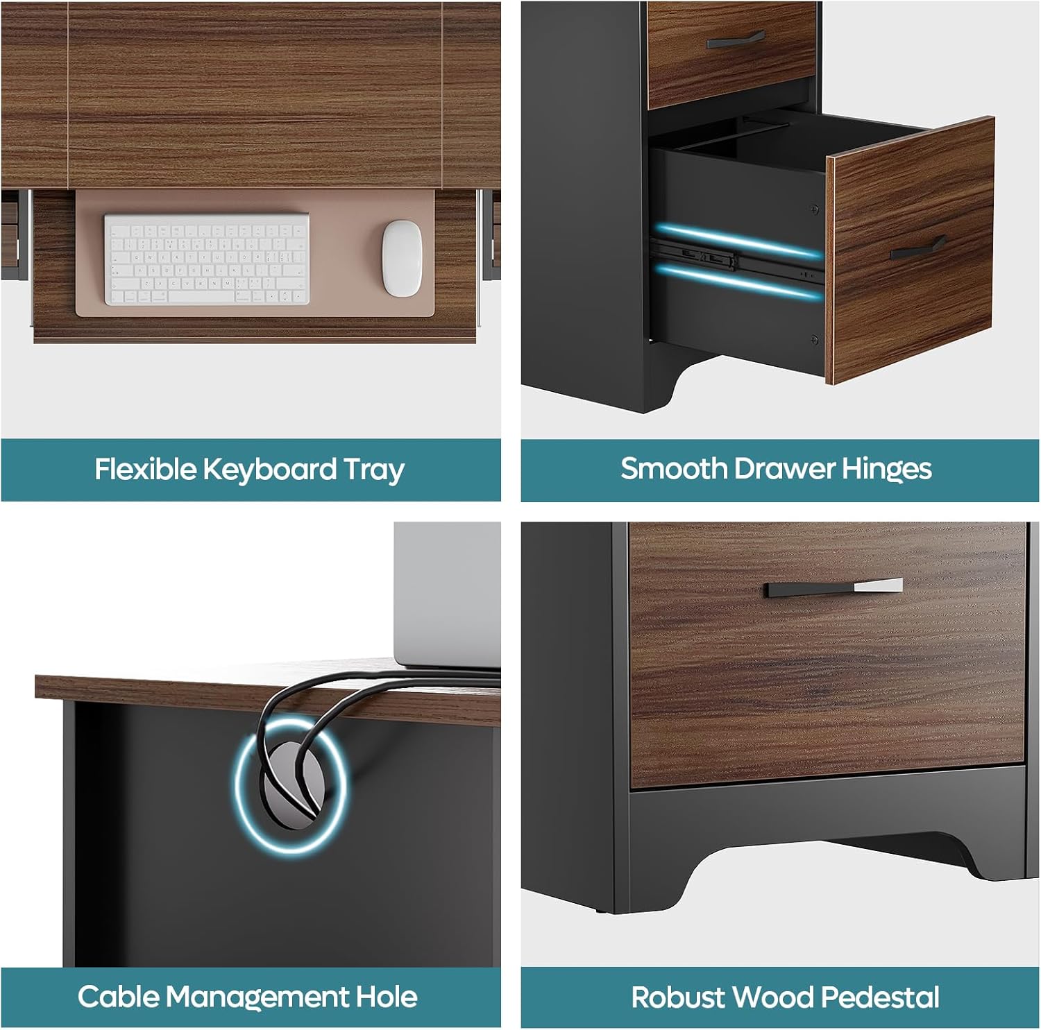 Close-up of the flexible keyboard tray and smooth drawer hinges on the Bestier desk