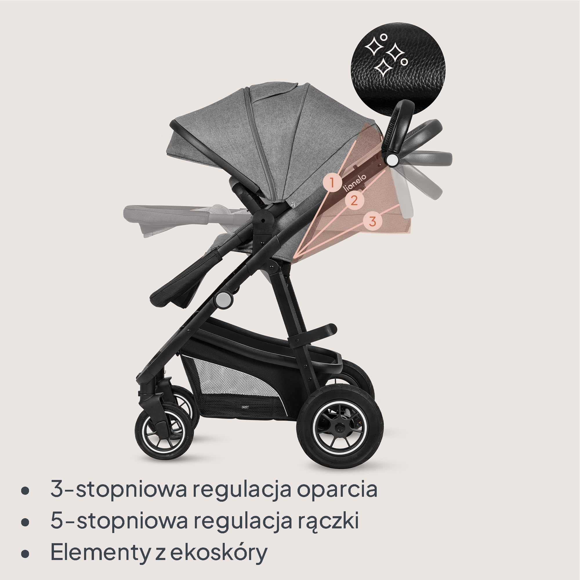 LIONELO BIANKA Wózek Spacerowy Dziecięcy 3 w 1 do 22 kg Gondola Fotelik Samochodowy do 13 kg, Składany, System Podróżny Regulacja Oparcia Koła 360o Amortyzacja, Daszek XXL (Szary) | Składany, system podróżny, regulacja oparcia, koła 360o amortyzator, osło