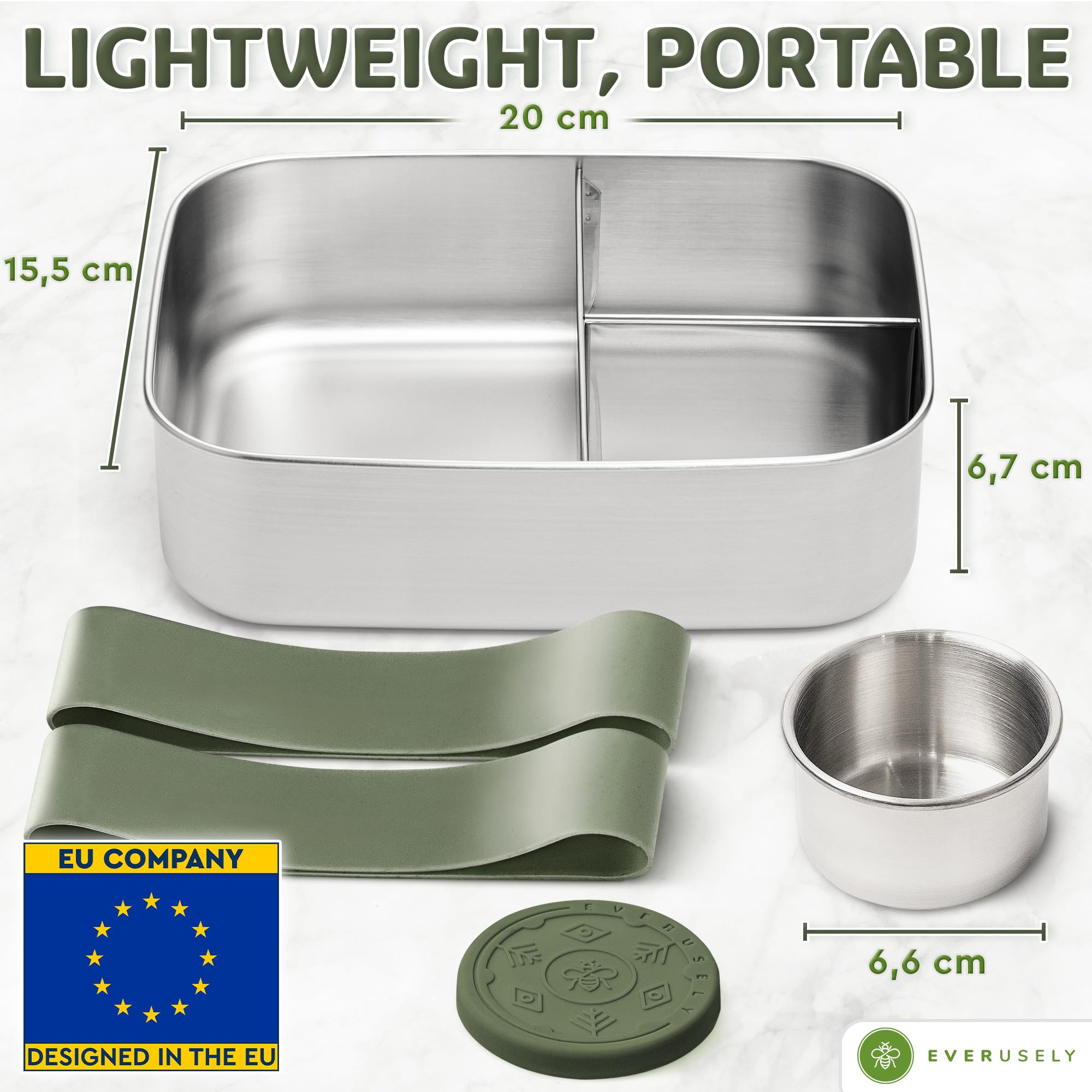 Everusely - Bento Box - Sage - 1.4 L - Stainless Steel Lunch Box with Leakproof Condiment Container - 3 Compartment Snack Container