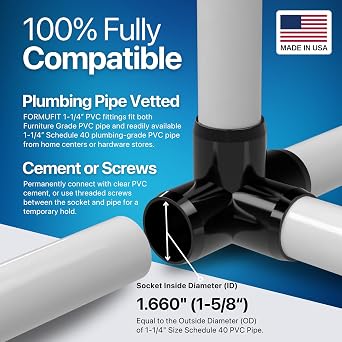 FORMUFIT 1-1/4 4-Way Tee Furniture Grade PVC Fitting in Black, Made in USA, UV-Resistant, Impact-Proof, 1.660 Actual Socket Diameter (Pack of 4) - F1144WT-BK-4