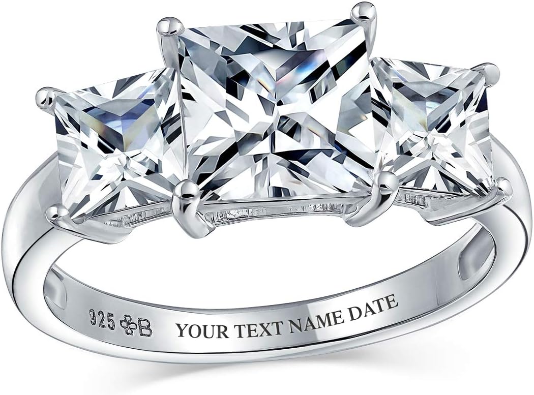Bling Jewelry Personalize 3CTW Square AAA CZ Princess Cut Promise Ring Cubic Zirconia Past Present Future Three Stone Engagement Ring for Women .925 Sterling Silver Customizable