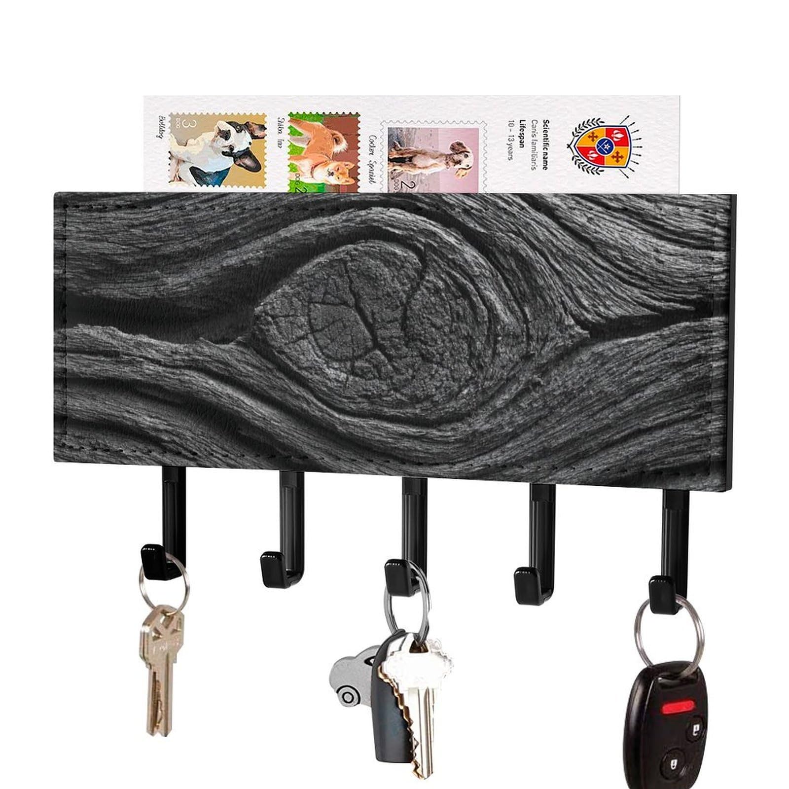 Jubonexis Dark Black Wood Texture Wall Mount with 5 Hooks Acrylic Key Rack for Home Office Entryway