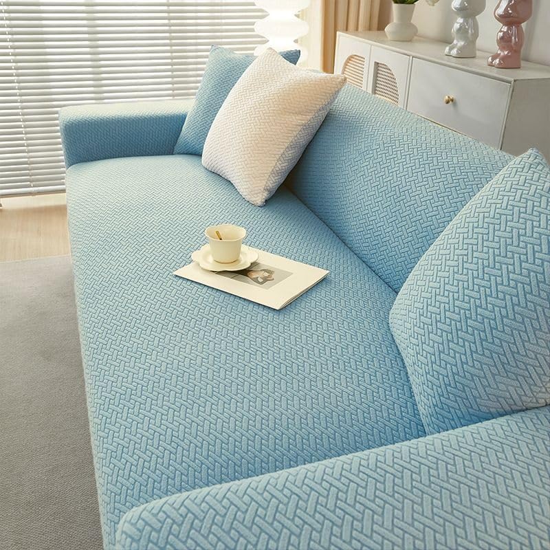 Housse de canapé velours extensible bleu 4 places 235 à 300 cm