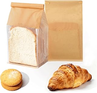 50 Pcs Bread Bags for Homemade Breads, 5.1 x 3.9 x 11 Inch Small Brown Bakery Bags with Tin Tie, Cotton Paper Loaf Bag, Storage Packing Bag with Clear Window