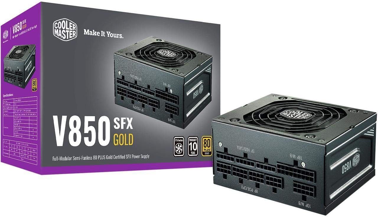 Cooler Master V850 SFX Gold Full Modular, 850W, 80 Gold Efficiency, ATX Bracket Included, Quiet FDB Fan, SFX Form Factor,Suitable for Mini-ITX Computer case. 10 Year Warranty