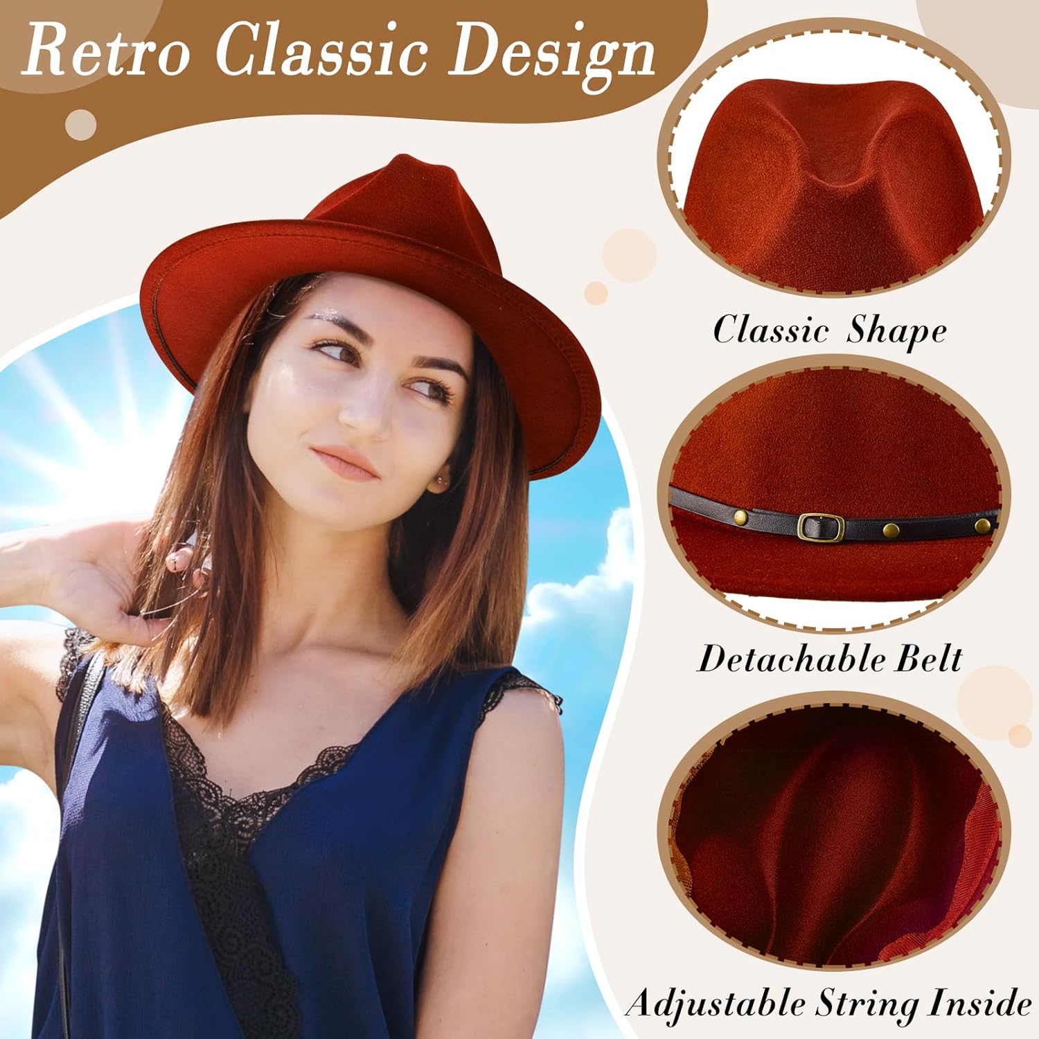 Hercicy 6 Pcs Fedora Hats for Women Men Felt Wide Brim Hats Vintage Boho Hat with Belt Buckle Panama Hat