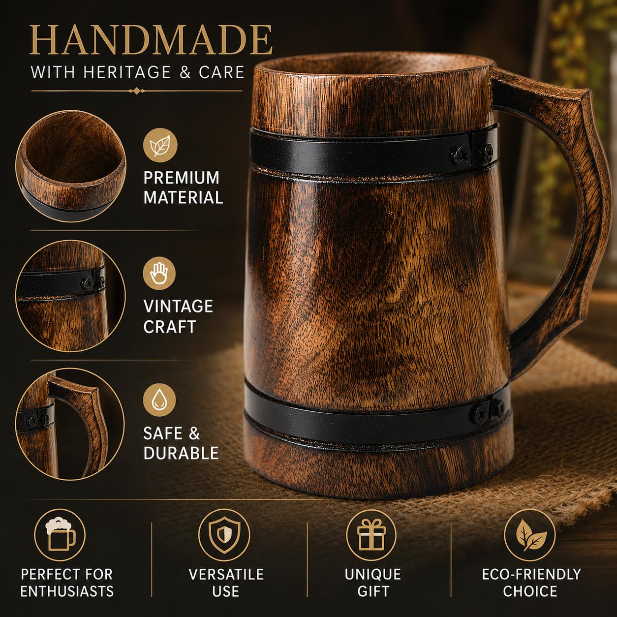 Rustikaler Bierkrug aus Holz, Vintage-Stil, handgefertigt, Wikinger-Holzkrug, Kaffeebecher, Party, Feier, Toast