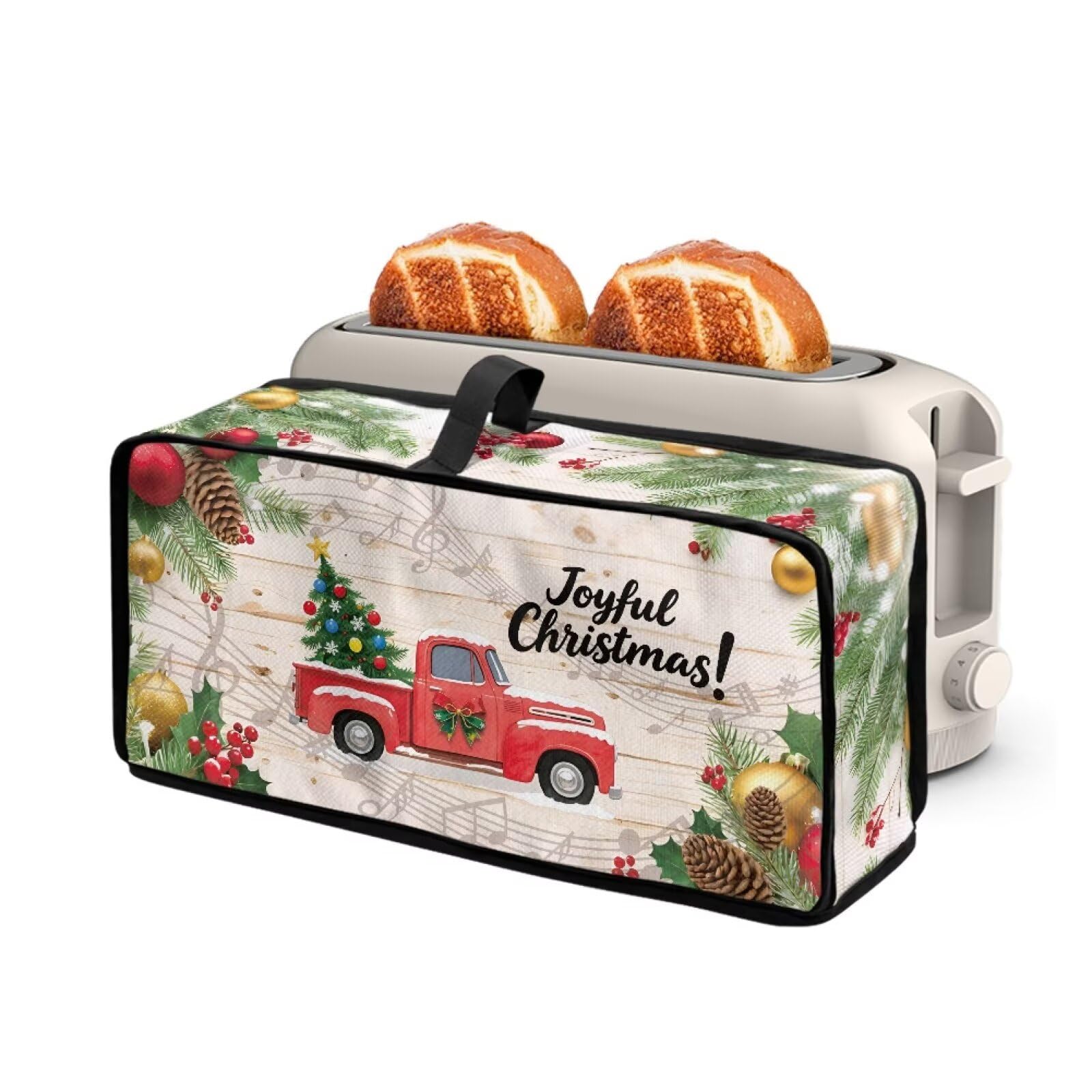 Slim Toaster Bread Machine Cover with Handle Fits for 2 Slice Long Slot Toasters, Keep Kitchen Appliance Clean Dust-proof Cover Joyful Christmas Red Truck