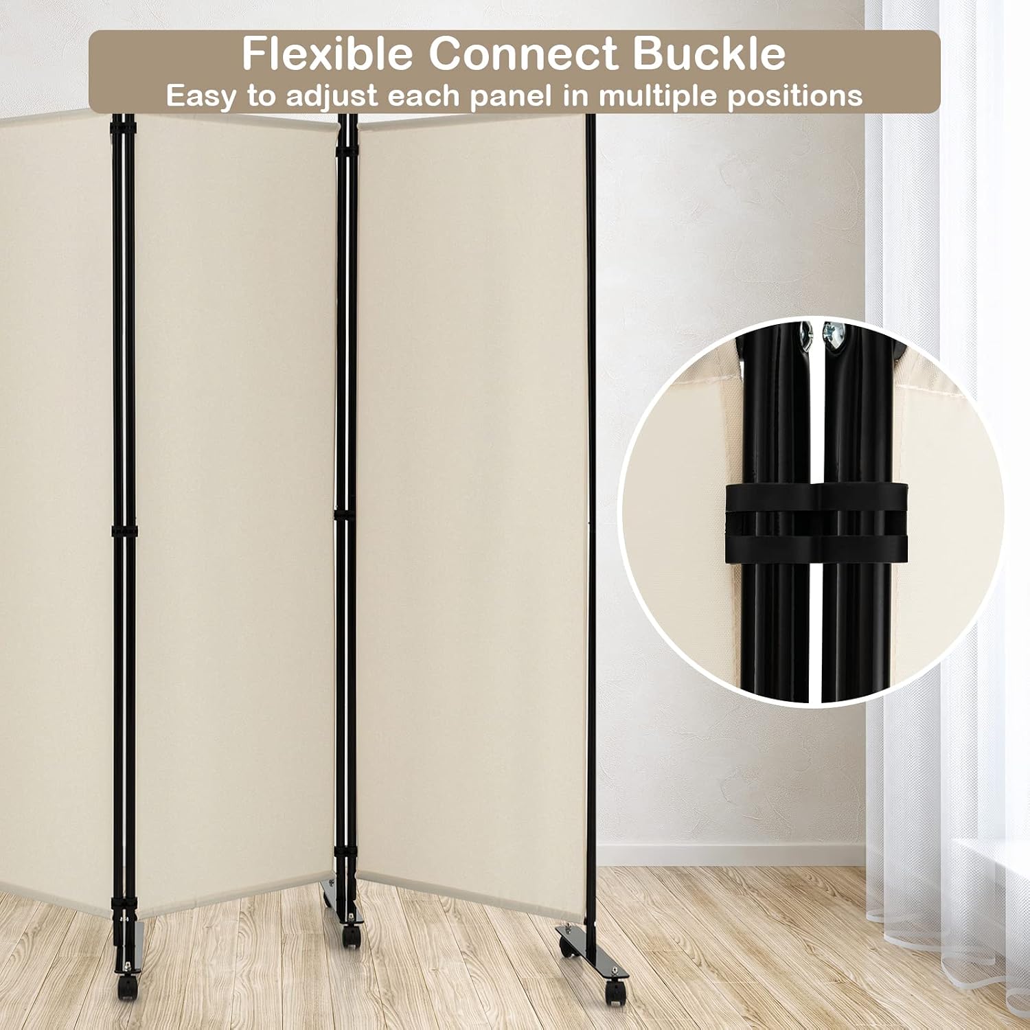 LDAILY 4 Panels Folding Room Divider, 6FT Tall Fabric Privacy Screen w/Metal Frame, Freestanding Partition Wall Divider w/Rolling Wheels for Bedroom, Dining Room, Office, Hospital (White, 4-Panel)
