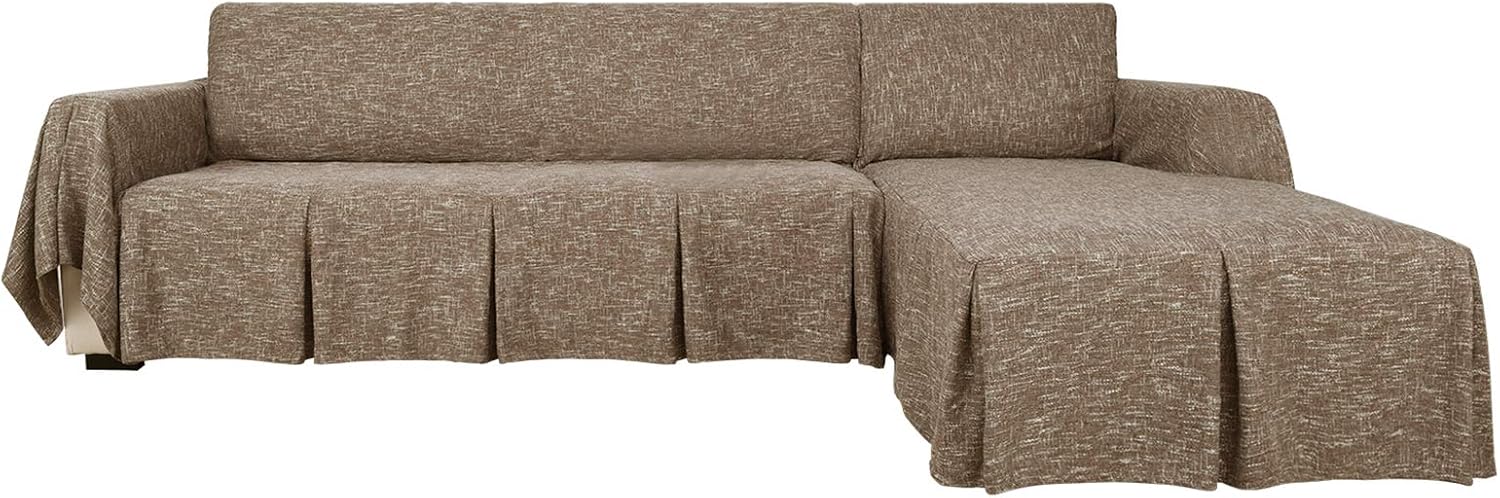 YEMYHOM Sectional Couch Covers 2-Piece Linen L Shape Sofa Cover with Ruffles Durable Slip Covers for Dogs Furniture Protector Slipcovers for Living Room (3-Seat with Left Chaise, Coffee)