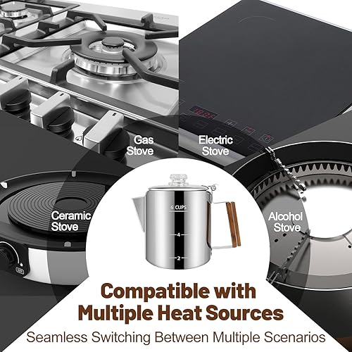 Miniatura 7 de Cafetera de acero inoxidable 304 para 12 tazas, cafetera con mango de madera maciza, perilla transparente, estufa Greca Mocha para inducción, hogar