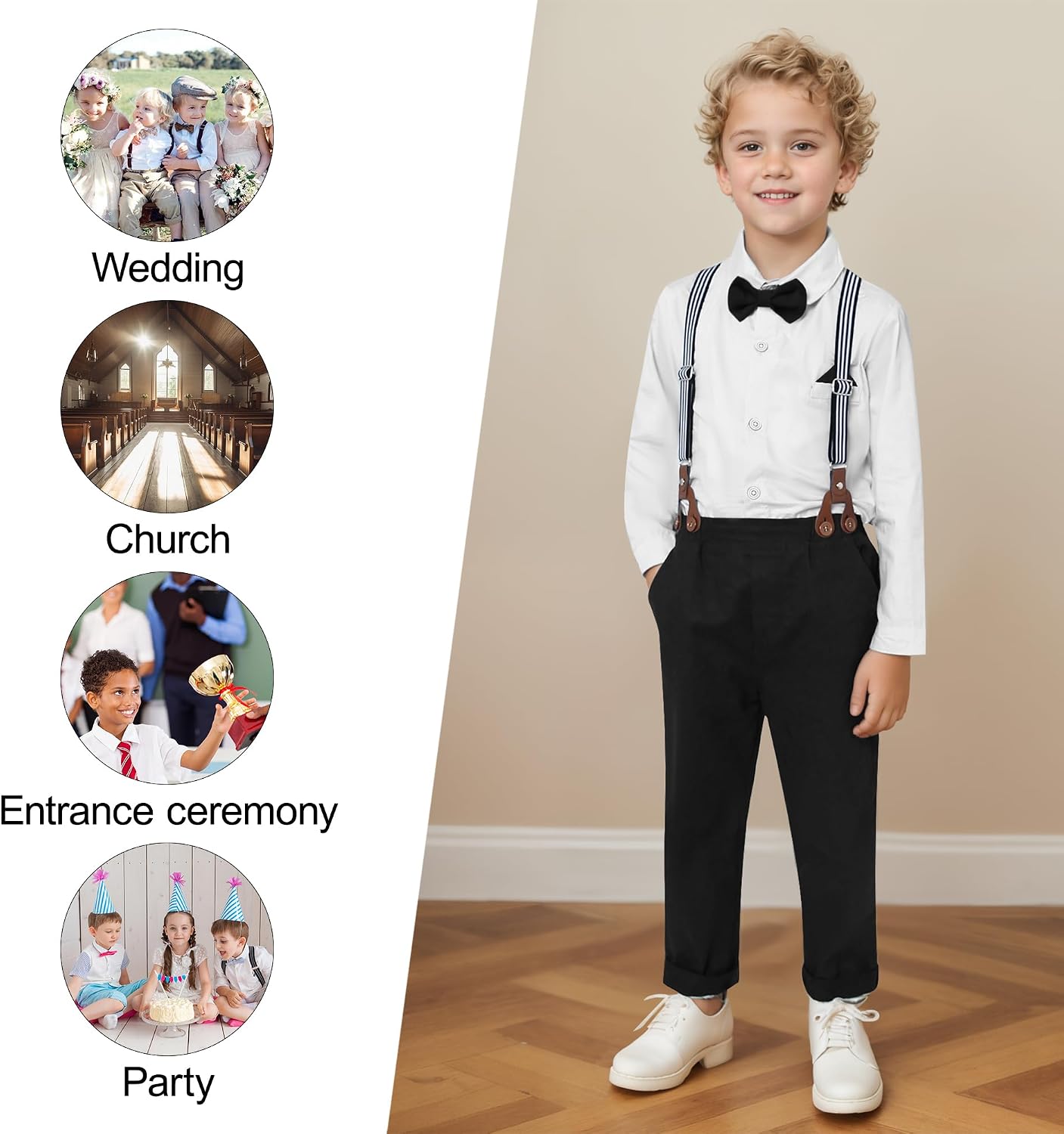 CARETOO Toddler Boy Clothes Suit Gentleman Wedding Outfits Kids Formal Dress Shirt Bowtie Long Suspender Pants Overalls 1-5T