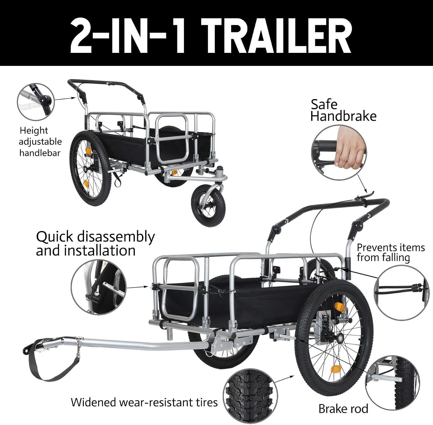 Heavy Duty Bike Cargo Trailer, 3-in-1 Large Capacity Bicycle Cart with Universal Hitch, Steel Frame Utility Wagon for Groceries, Pets, Camping, and Luggage