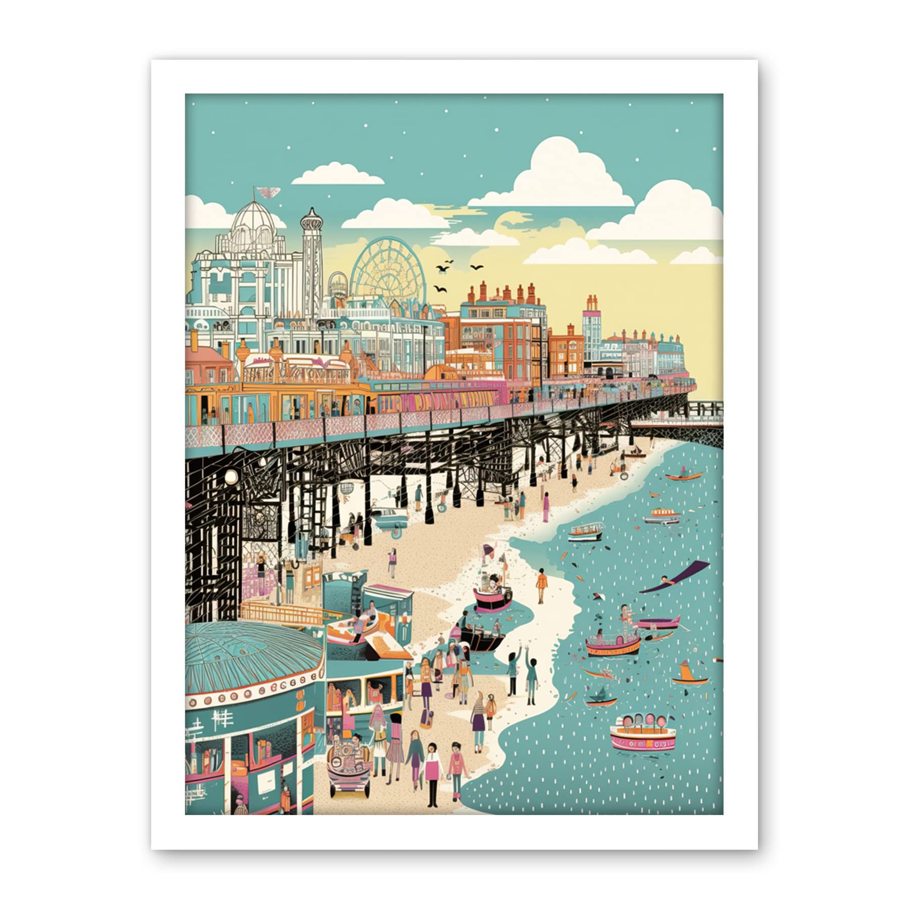 Artery8 Brighton Beach Pier and Sandy Summer Scene Artwork Framed Wall Art Print 18X24 Inch