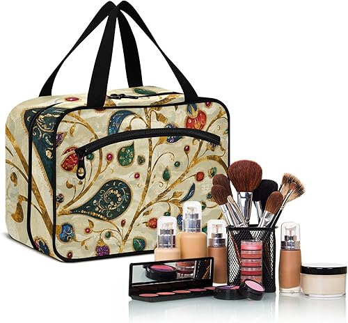 Miniatura 6 de Paisley Gem Color Beige Retro Kit de aseo colgante para hombre con gancho, bolso lindo de diseñador con compartimentos para el baño del viajero