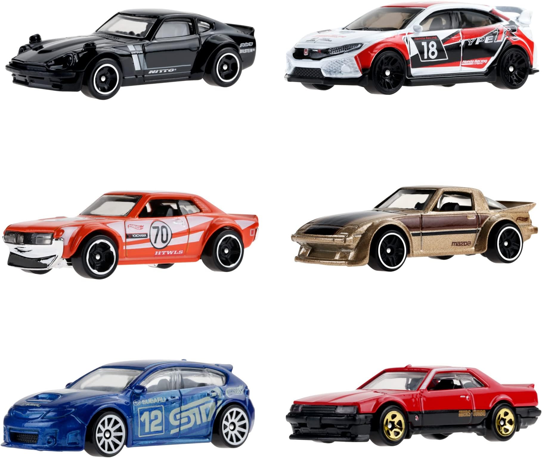 6 Pack Custom Datsun 240z, 2018 Honda Civic Type R, '70 Toyota Celica, Mazda RX-7, Subaru WRX STi, and '82 Nissan Skyline