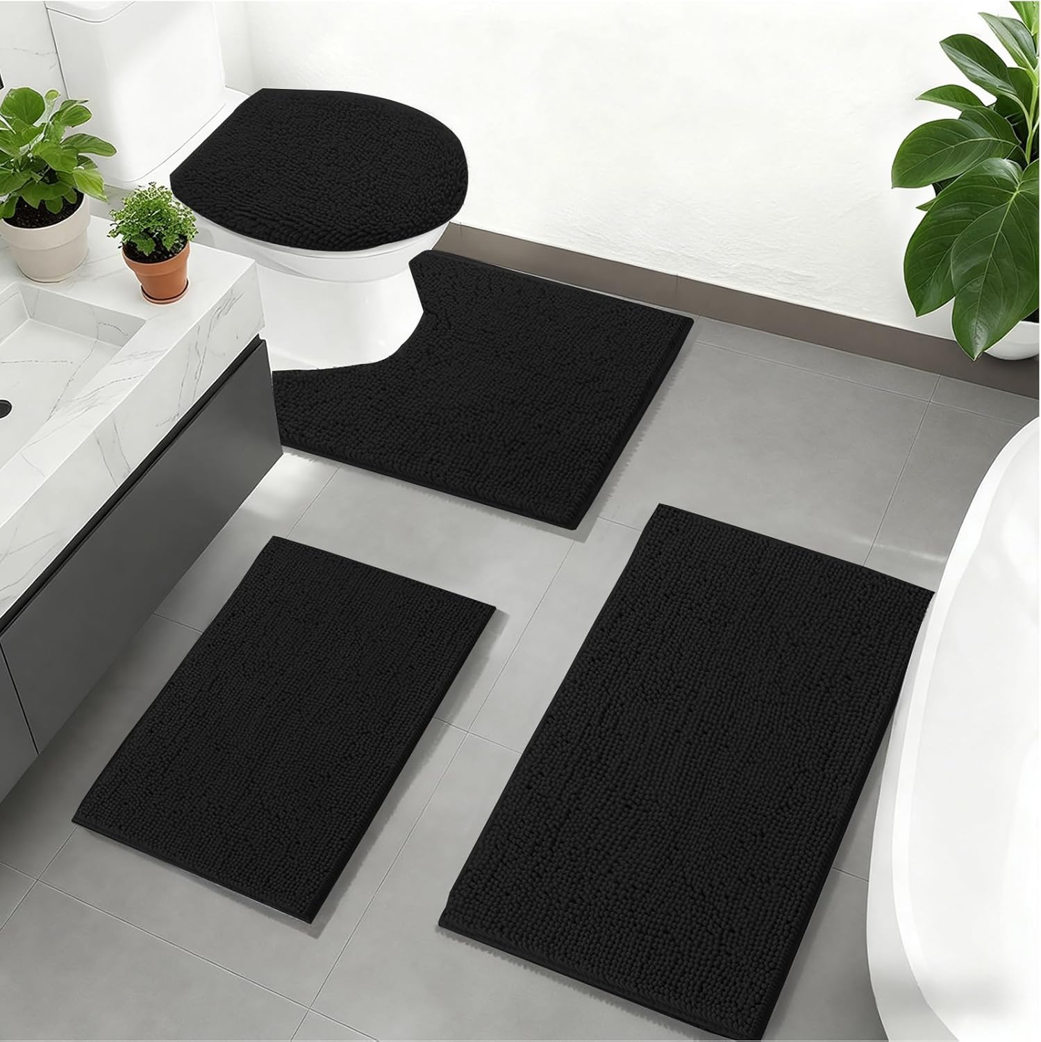 RUN HELIX Bath Rug Set 4 Piece - Non Slip Bath Mats, Soft Shaggy Absorbent Bathroom Mat Set with U-Shaped Toilet Mat, Black