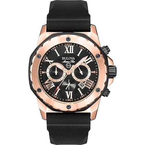 Bulova Men's Marine Star Series A Rose Gold Stainless Steel 6-Hand Chronograph Quartz Watch, Black Silicone Strap Style: 98B104
