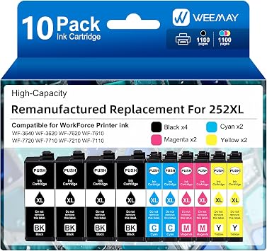 Weemay Remanufactured Ink Cartridges Replacement for Epson 252XL Ink Cartridges for Epson Printer Workforce WF-3640 WF-3620 WF-7720 WF-7710 WF-7620 WF-7610 WF-7210 4 Black, 2 Cyan 2 Magenta 2 Yellow