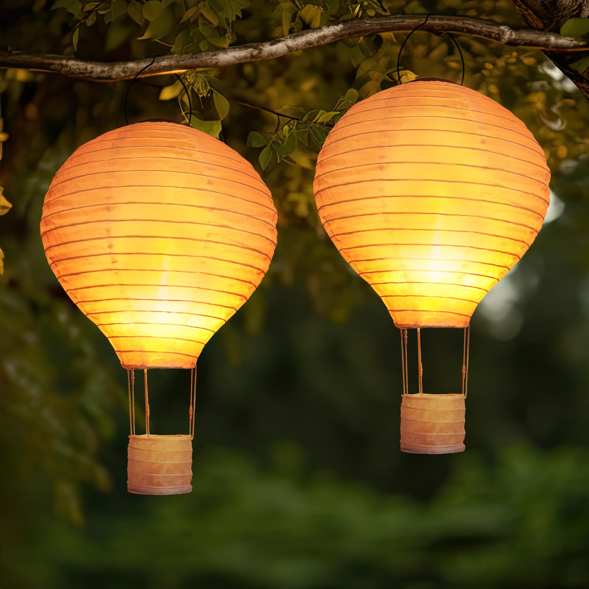 Solarlampen für Außen Hängend, 2 Stück 30cm Lampions Solar Außen Wetterfest, Gartenlaterne mit Flackernder Flamme, Heißluftballon Nylon Solarlaterne für Außen Garten Fest Deko (Warmweiß)