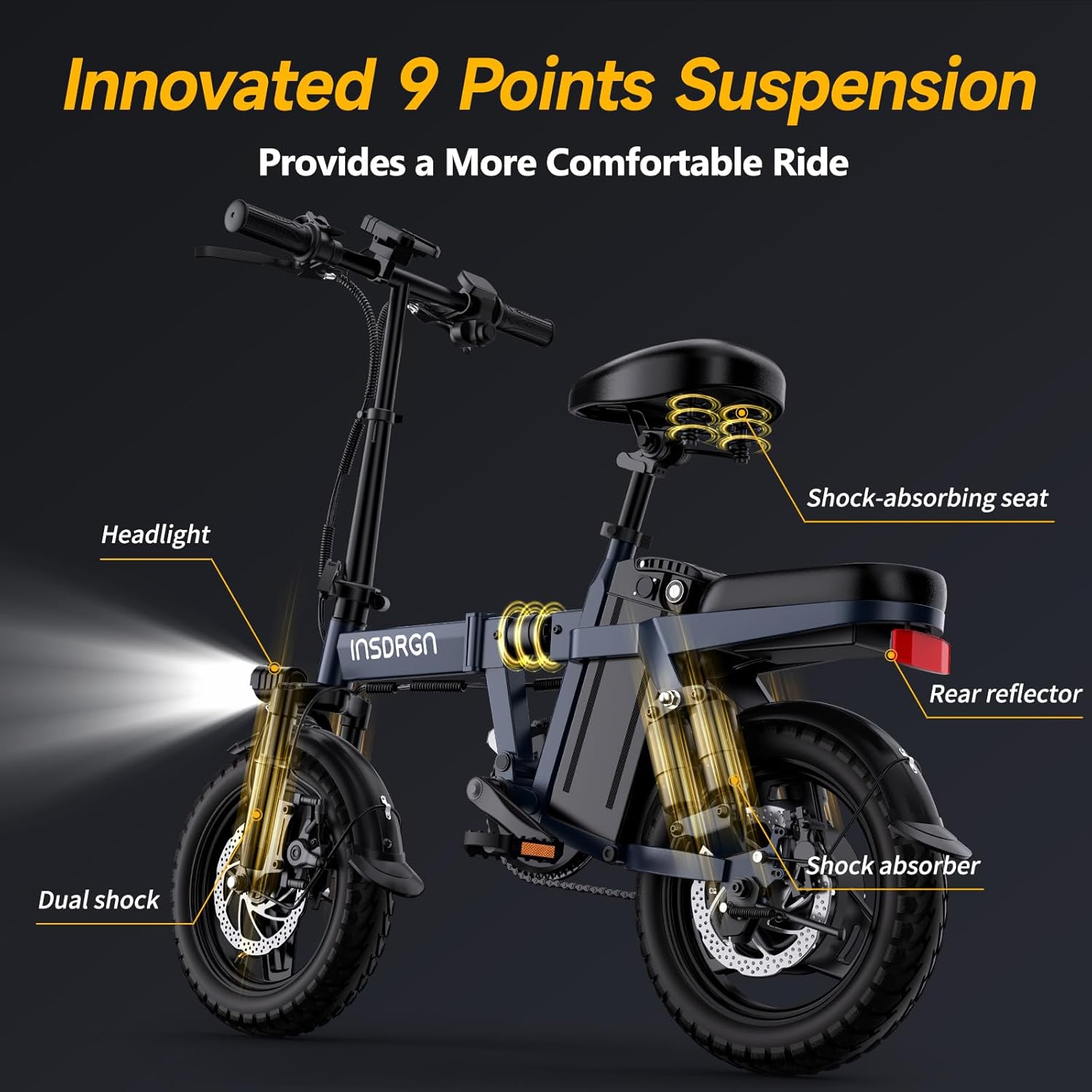 INSDRGN Folding Electric Bike for Adults Teens, Peak 1500W, 62 Miles PAS Range, 48V 16AH Removable Li Battery Ebike, 9 Shocks Full Suspension, 20 MPH Electric Bicycle, UL2849 Certified