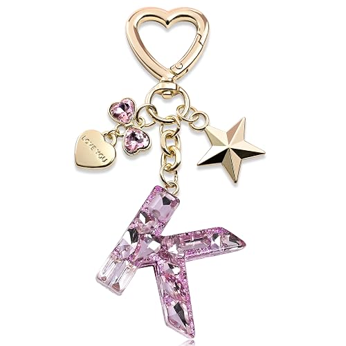 Cute Bling Keychain initial Letter Butterfly Star Pink Purple Gift for Women Girls Bag Cup Charms Accessories - K-pink