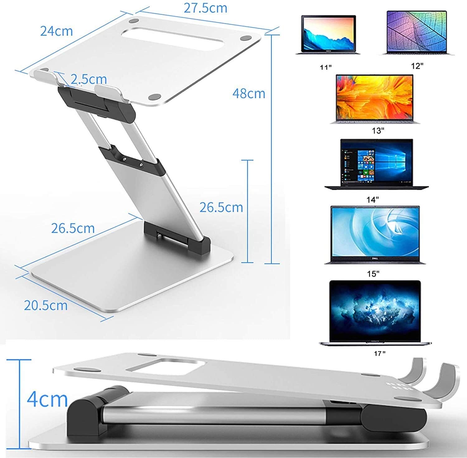 Podstawka do laptopa Biurko Rozkładany Podstawka do laptopa Regulowana wysokość Kąt aluminium Uchwyt komputera Uchwyt na notebooka Z antypoślizgowym silikonem Składany Ergonomiczny Kompatybilny z 11''