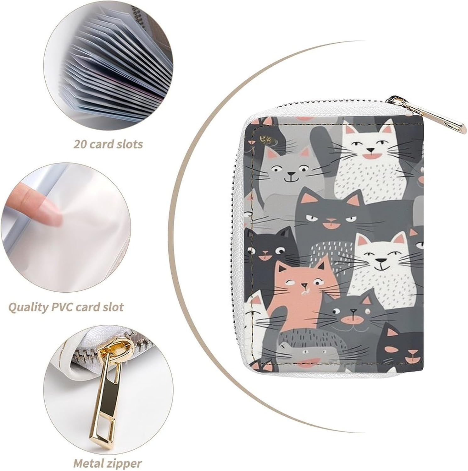 Leather Card Organizer Case Card Wallet Credit Card Holder Cute Funny Grey Cats Pattern Printed Zipper Card Cases Holder for Women Men
