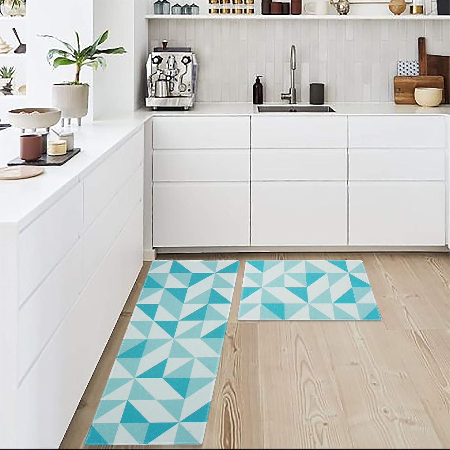 TWINRUN Kitchen Rug Sets,Non Slip Kitchen Mats for Floor,Runner Carpet Set for Dining Room,Triangle Pattern, Green