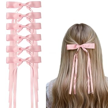 LFOUVRE Hair Clips for Women, Bow Hair Clips Hair Bows for Women,Bow Hair Ribbon Tassel Bows for Girls, Hair Bows for Girls with Long Tail, Metal Bow Barrettes Hair Accessories for Women Girls 6pcs