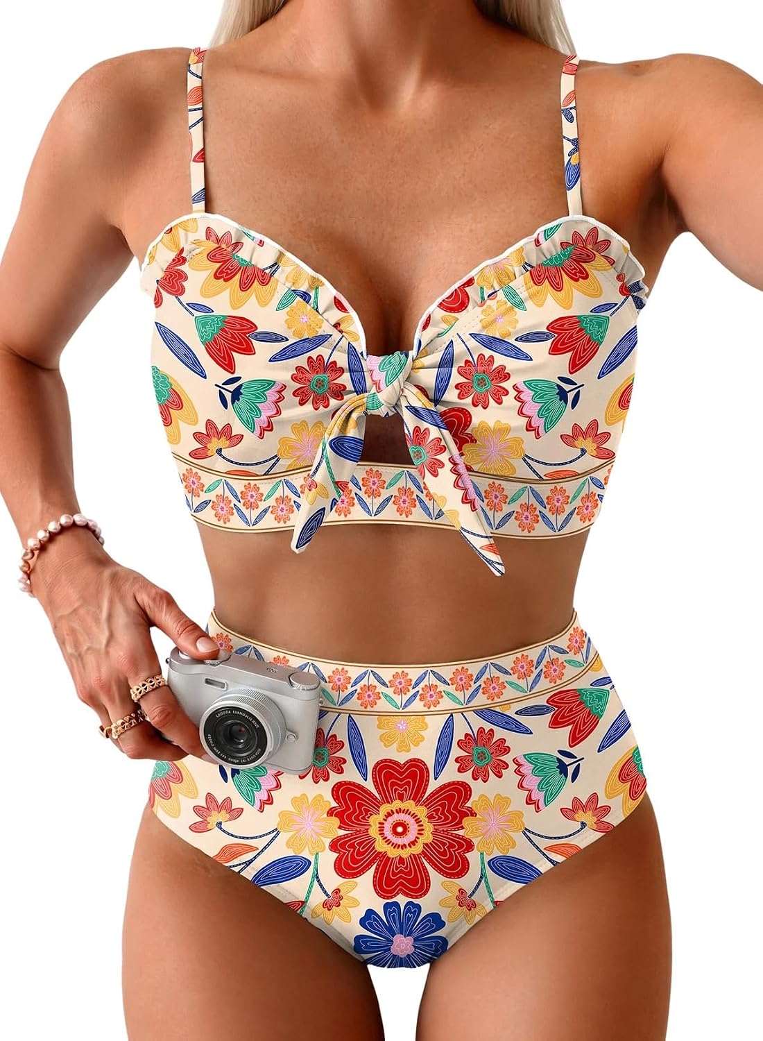 Herseas Women's High Waisted Bikini Sets Floral Print Swimsuits Knotted Front Ruffle Trim Bathing Suits Beach Essentials