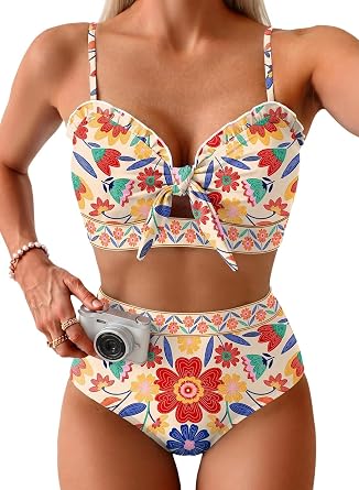 Herseas Womens High Waisted Bikini Sets Knotted Front Ruffle Trim Swimsuit