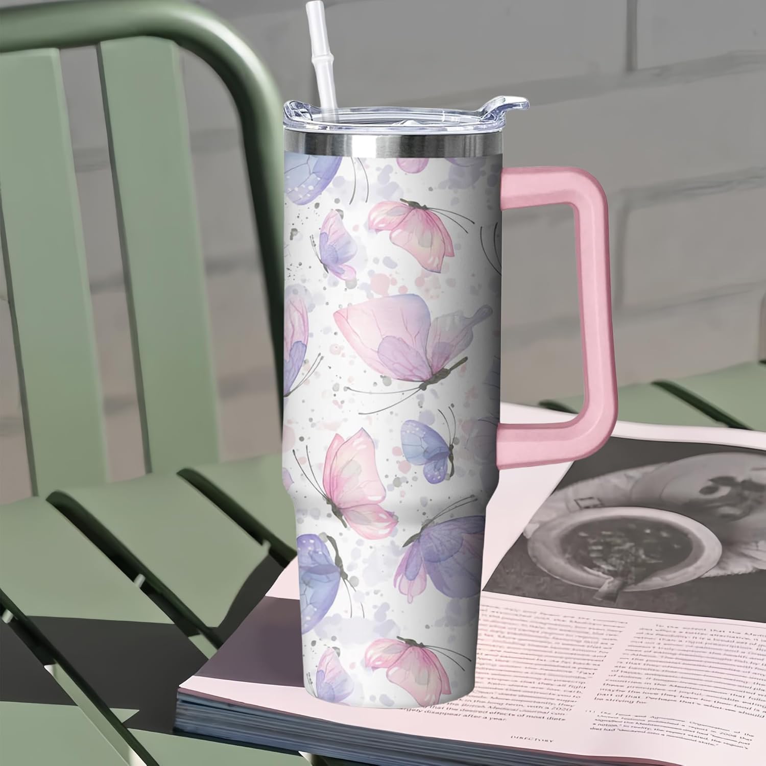 30 oz Butterfly Tumbler with Handle and Straw, Insulated Stainless Steel Cup with Lid, Travel Coffee Mug Water Bottle, Gifts for Woman Animal Lovers