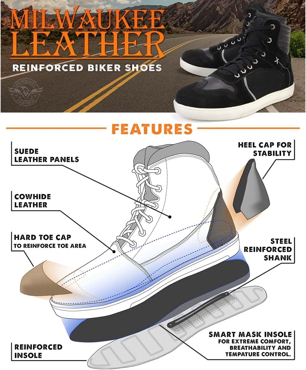 Milwaukee Leather MBM9101 Men's Black Leather and Suede Reinforced Street Riding Shoes with Ankle Support