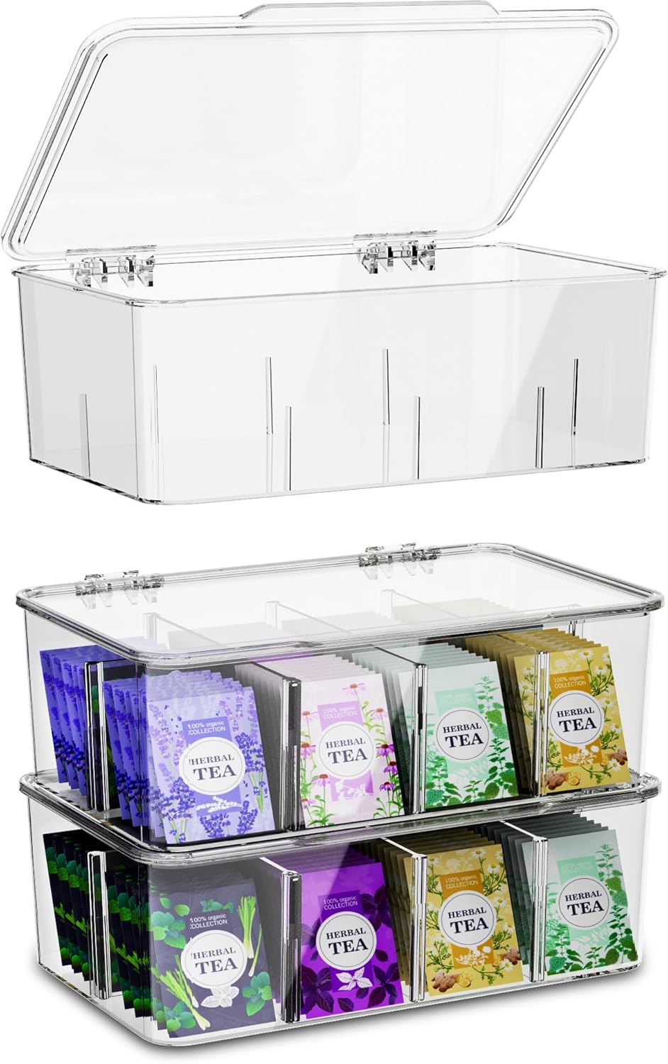 Utopia Home Tea Bag Organizer - 8-Section Stackable (Clear Top)