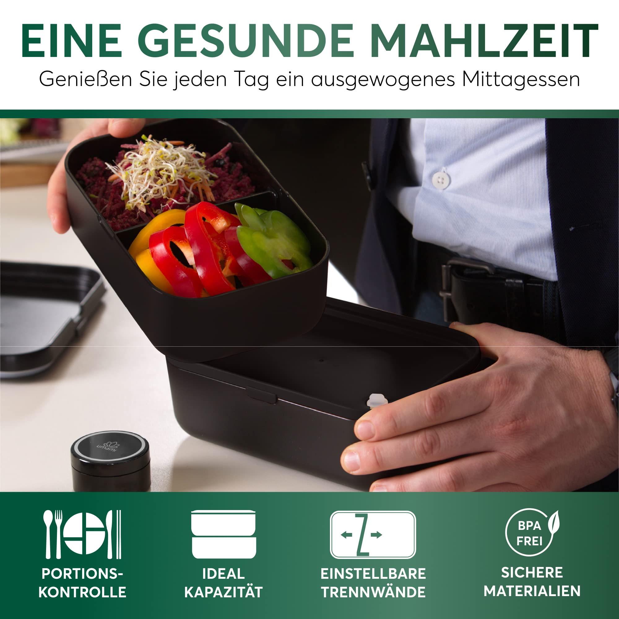 Umami Alles-in-Einem 2000 ml Bento Box für Erwachsene/Kinder, 1 Soßentöpfe & 4 Bestecke, Lunch Box für Männer/Frauen, 2 Meal Prep Containers, Mikrowelle, Spülmaschine, Gefrierschrank sicher, BPA frei