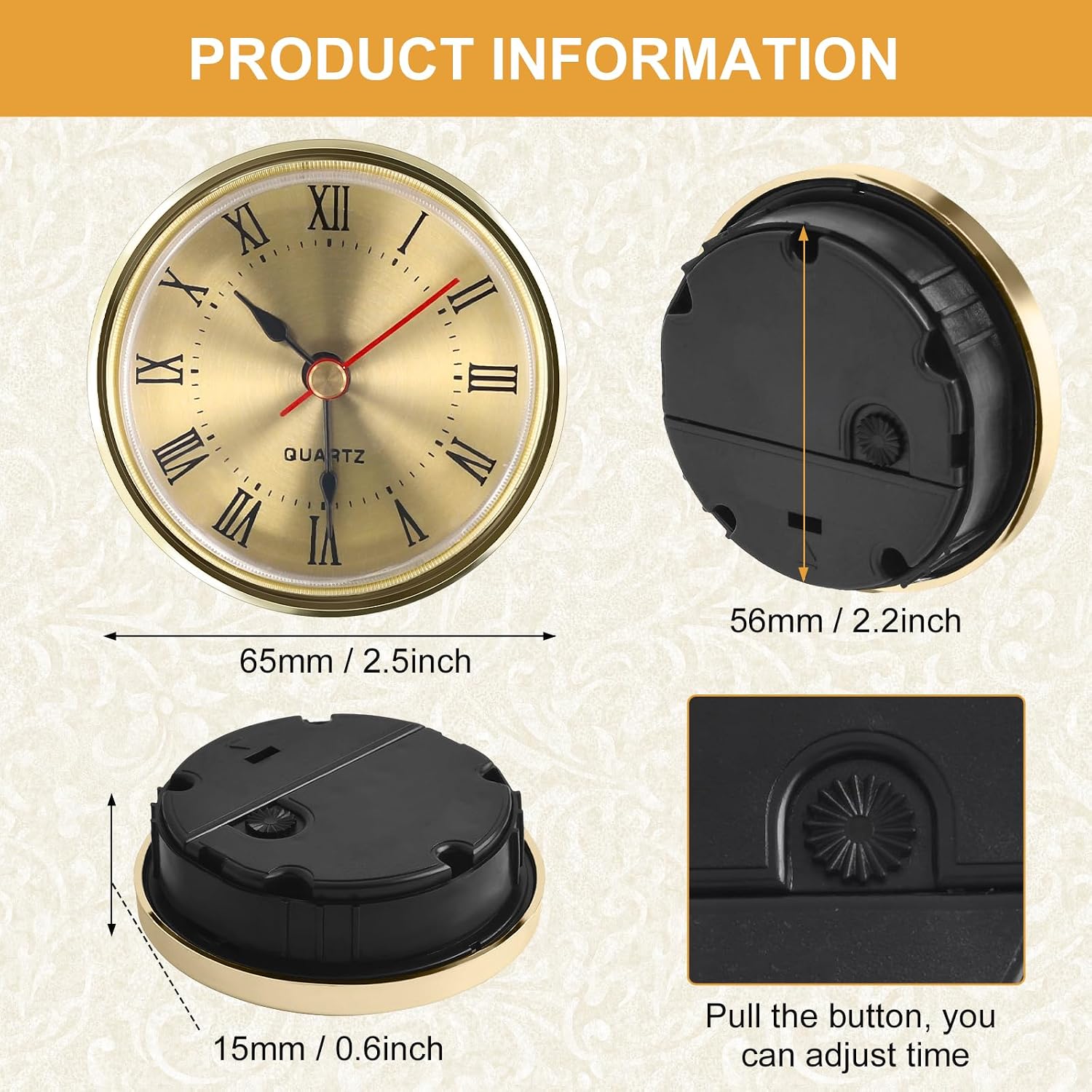 2.5in/65Mm Round Quartz Clock Insert Replacement, Mini Quartz Movement, Roman Numeral Clock Faces For Crafts, Gold & Silver Decorative Mechanism Replacement (gold)