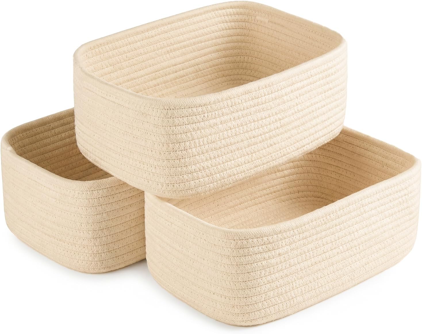 3 Pack 11.2 Quarts Cotton Rope Baby Storage Bin with Handles, Collapsible Nursery Storage Baskets for Shelves 13.4x9.5x5.1 in/ 34x24x13 cm, Ironable Newborn Closet Organizers, White & Brown