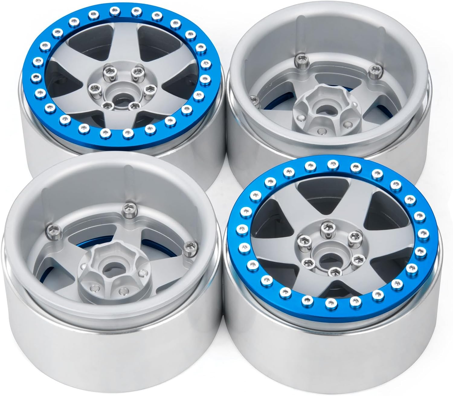 QUE-T 2.2 inches Beadlock Wheels 4pcs Metal Wheel Hubs Rims for 1/10 Axial Wraith RR10 Scx10 VS4-10 TRX4 D10 D90 rc Crawler (Matte Silver & Blue)