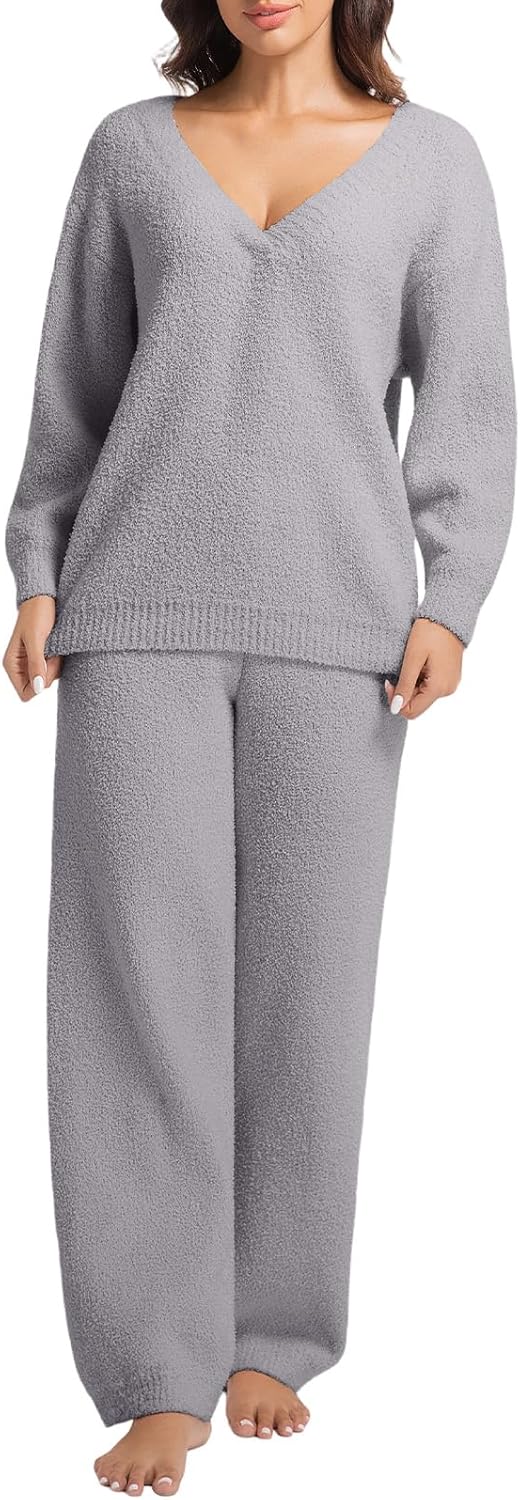 2 Piece Fleece Pajamas for Women Sets V-Neck Outfits Sweater Womens Long Sleeve Fuzzy Loungewear Pajama Set - Image 2