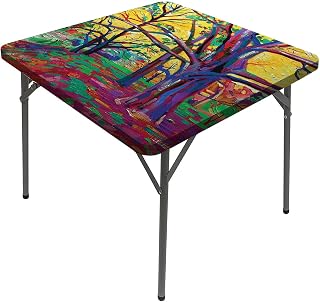Country Decor Tablecloths, Mod Funk Art Painting of Colorful Forest in Square Dining Table Cover, Fits 28x28 inch Table, for Outdoor Indoor Holiday Picnic Party Cloth, Multi