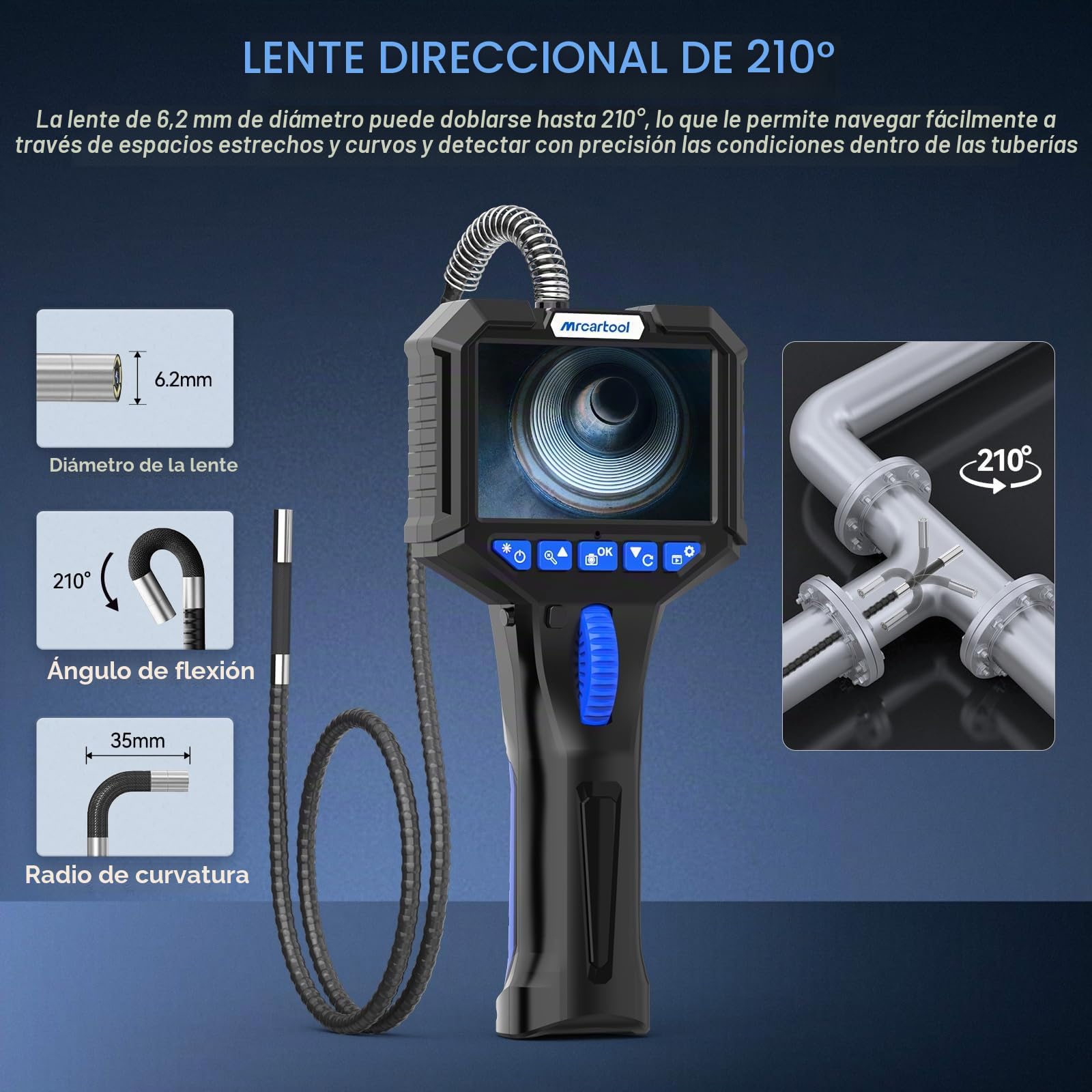 MRCARTOOL Endoscopio Industrial con Luz, 360° Giratorio Bloqueable Endoscopio Cámara de Inspección con 3.5" HD Pantalla, 6.2mm 1080P Cámara de Tubería, 32GB SD Card, 6 LED, IP67,1M Cable Semirrígido