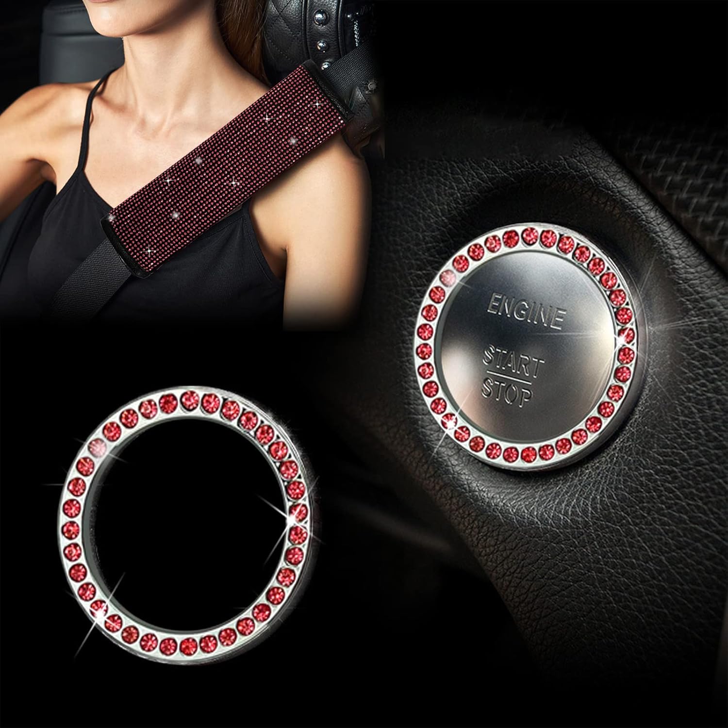 17 Pack Bling Car Seat Covers Set Car Diamond Accessories Rhinestone Crystal Steering Wheel Cover, Bling Velvet Breathable (Red, Half Part Bling)