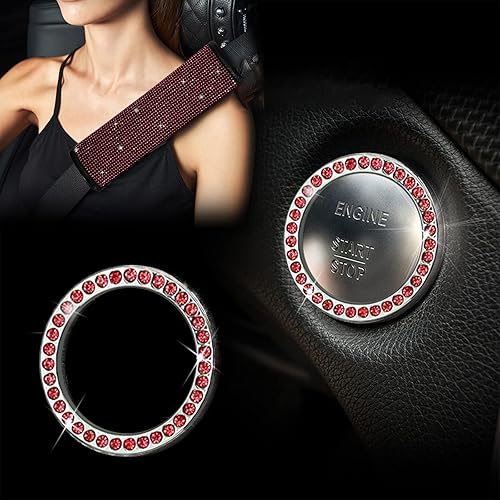 Miniatura 5 de Juego de 17 fundas brillantes para asientos de automóvil, accesorios de diamantes de imitación para volante, terciopelo brillante transpirable