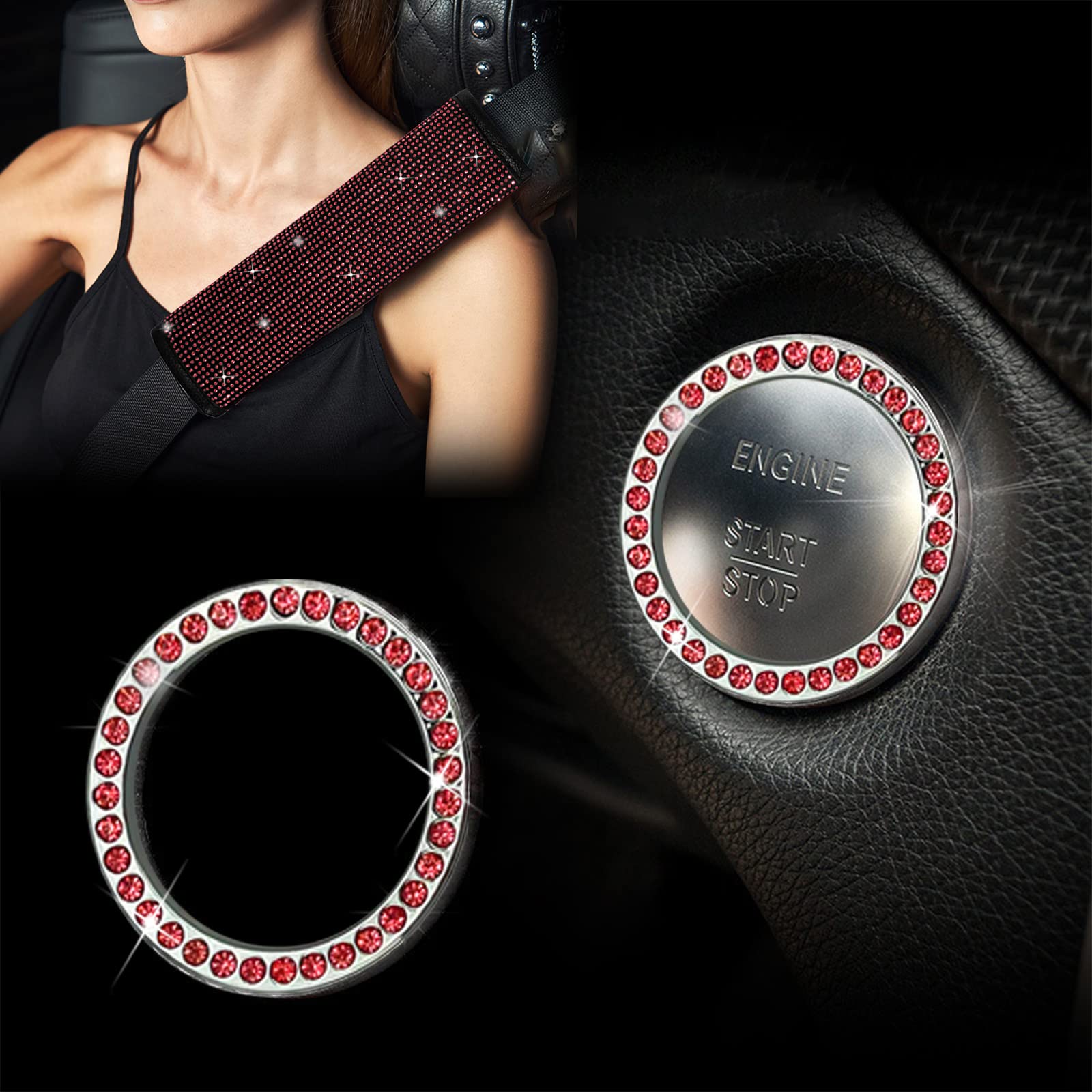 Set di coprisedili per auto, accessori per auto, con strass, coprivolante in velluto traspirante e scintillante (rosso, parte dei coprisedili rivestiti di strass), 17 pezzi