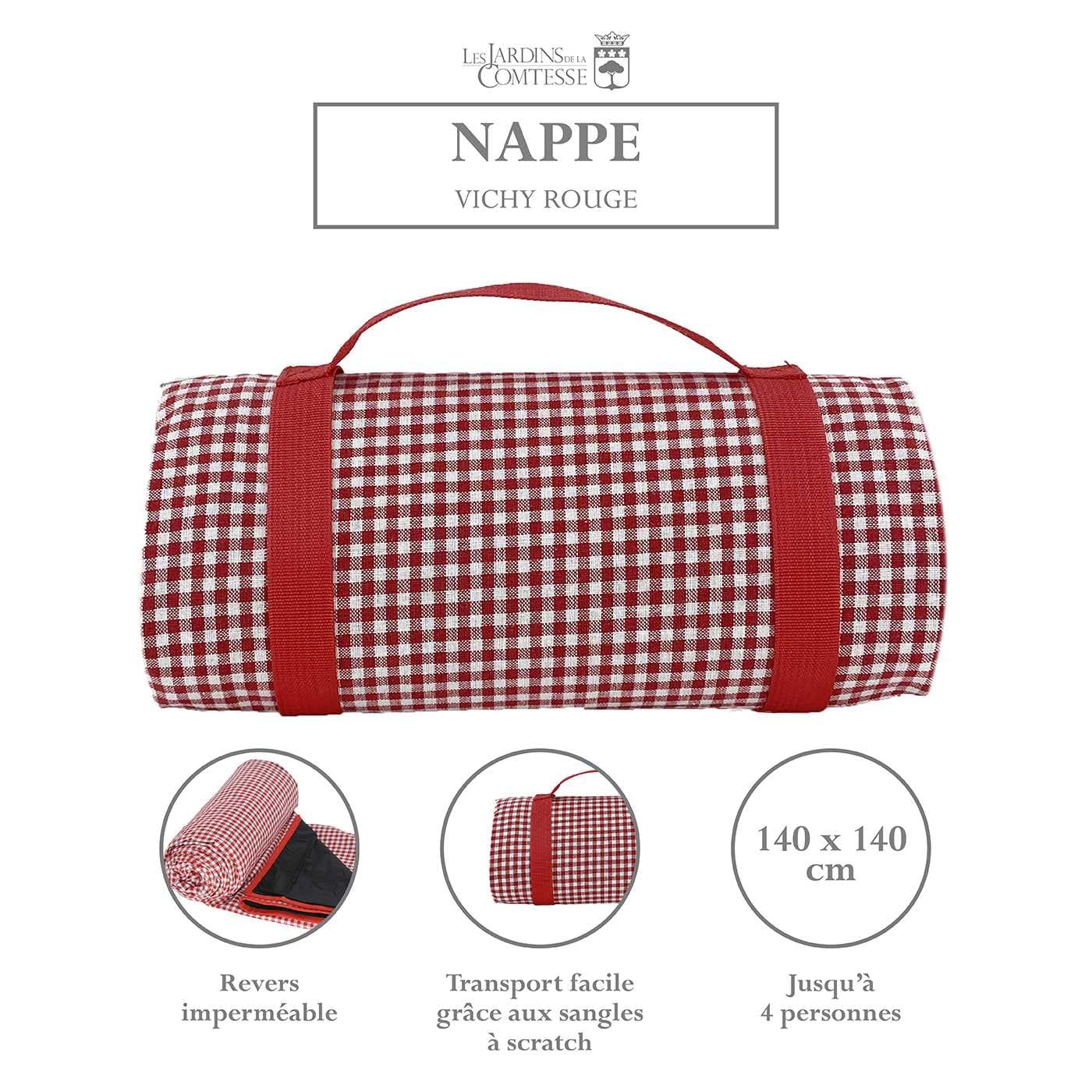 Les Jardins de la Comtesse - Nappe de Picnic Vichy Rouge - Coton et Revers Etanche Polyester - 140 x 140 cm - 2/4 Personnes - Tapis/Couverture de Picnic Pliable livrée avec Porte-Nappe