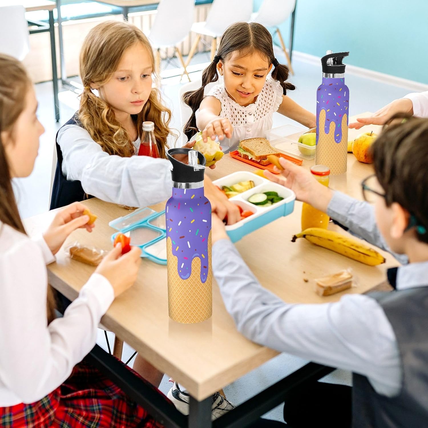 Water Bottle with Straw Lid Purple Ice Cream Cone Kids Insulated Stainless Steel Water Flask Sports 20 Oz