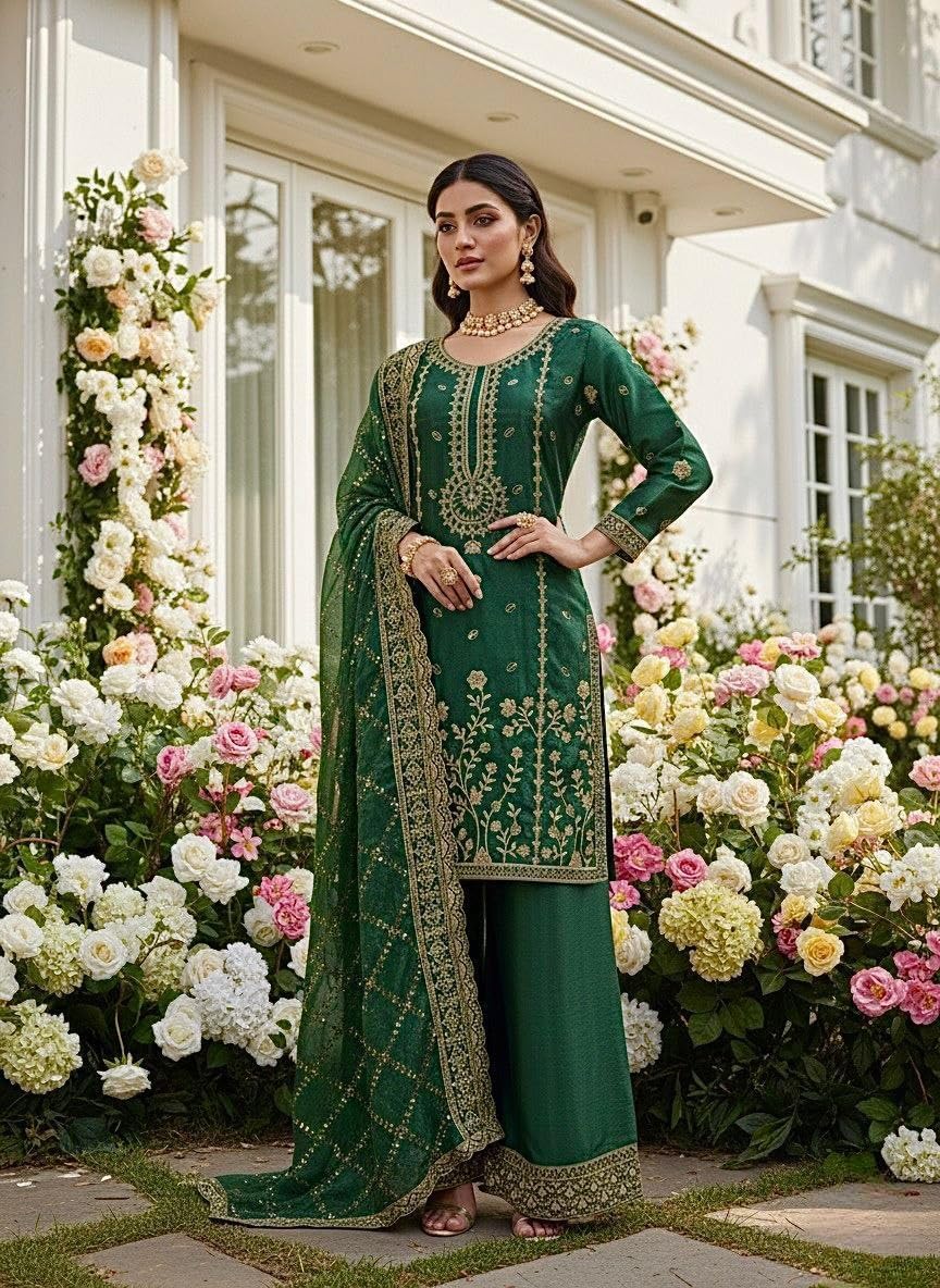 Women's pure gmy silk With heavy embroidery Kurta With Sharara and Dupatta Set.