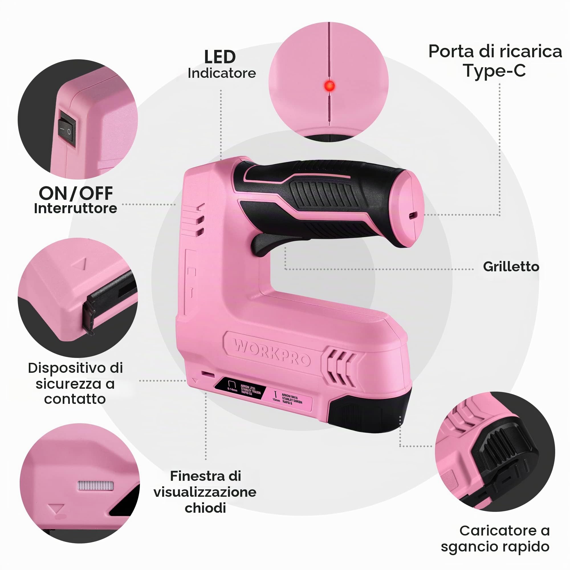 WORKPRO Cucitrice senza fili 3,6 V 2000 mAh con 2000 graffette, pinzatrice multifunzione 2 in 1, compatibile con chiodi e graffette tipo 53, 8 per progetti fai da te in arredamento, falegnameria(rosa)