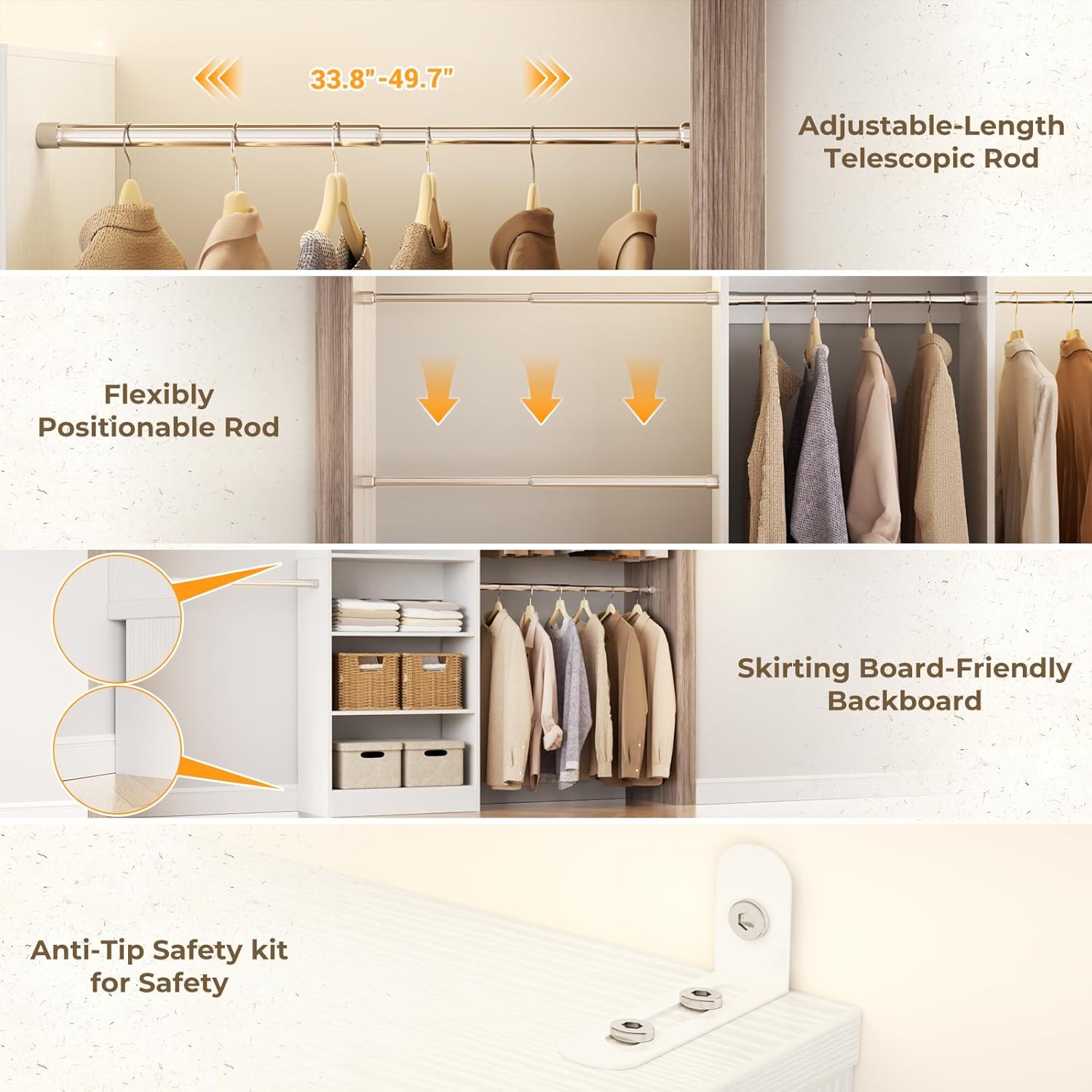 Homieasy White Wooden Closet System, 4.5-10ft Expandable Closet Organizer with 5 Hanging Rods & 4-Tier Shelving Tower, Adjustable Walk-in Reach-in Wardrobe Storage Solution for Bedroom